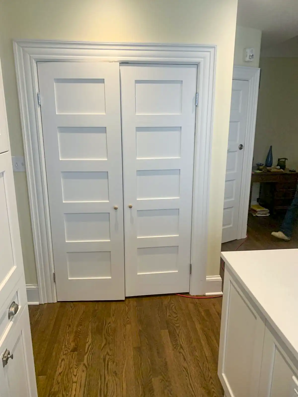 White paneled interior double doors with painted trim.